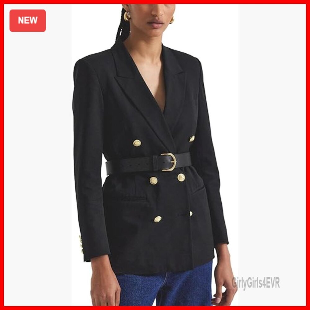 Double Breasted Blazer with Peak Lapels, Six Gold Buttons, Back Vent